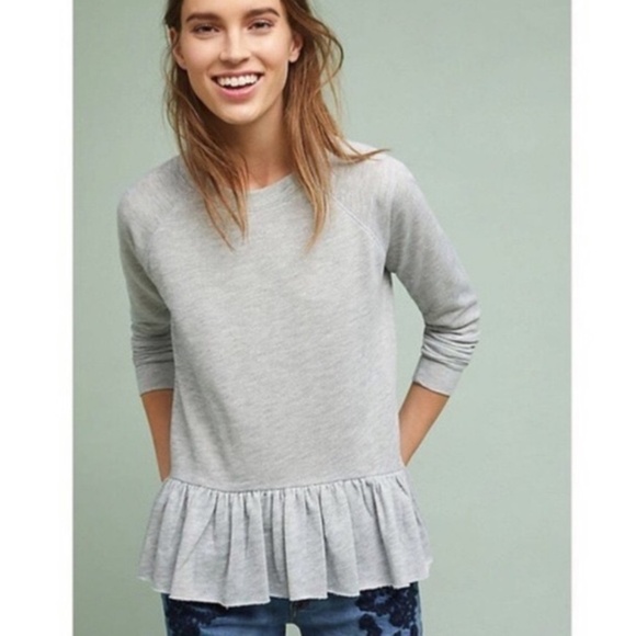 Anthropologie Light Grey French Terry Peplum Ruffle Sweatshirt SZ M - Picture 1 of 13